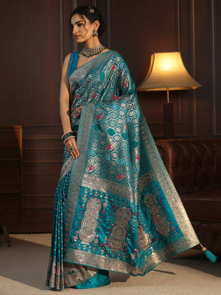 Libas Art Blue Embellished Woven Design Silk Blend Saree