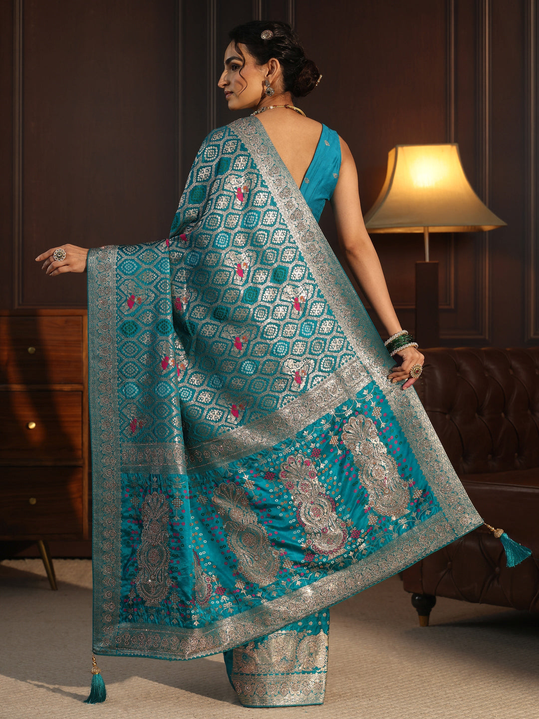 Libas Art Blue Embellished Woven Design Silk Blend Saree