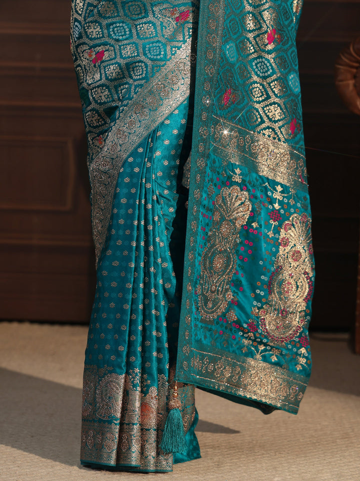 Libas Art Blue Embellished Woven Design Silk Blend Saree