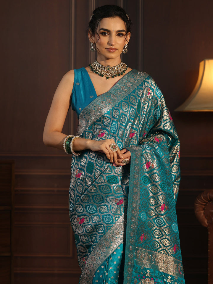 Libas Art Blue Embellished Woven Design Silk Blend Saree