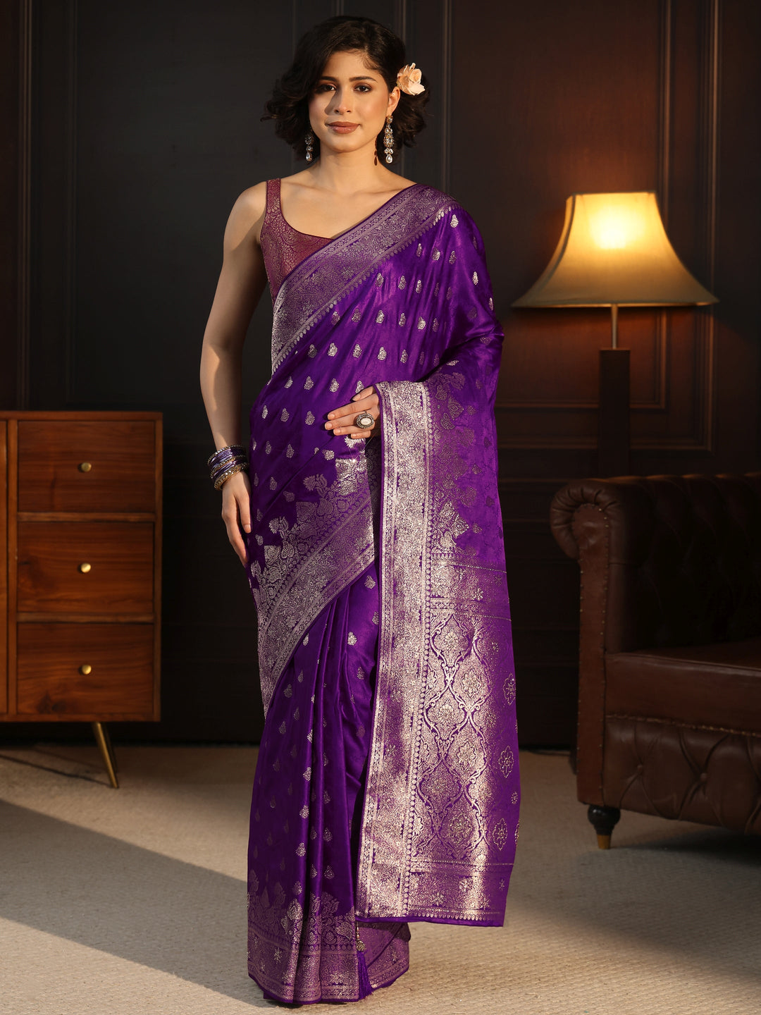 Libas Purple Woven Design Silk Blend Saree