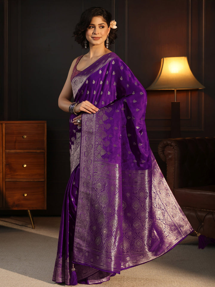 Libas Purple Woven Design Silk Blend Saree