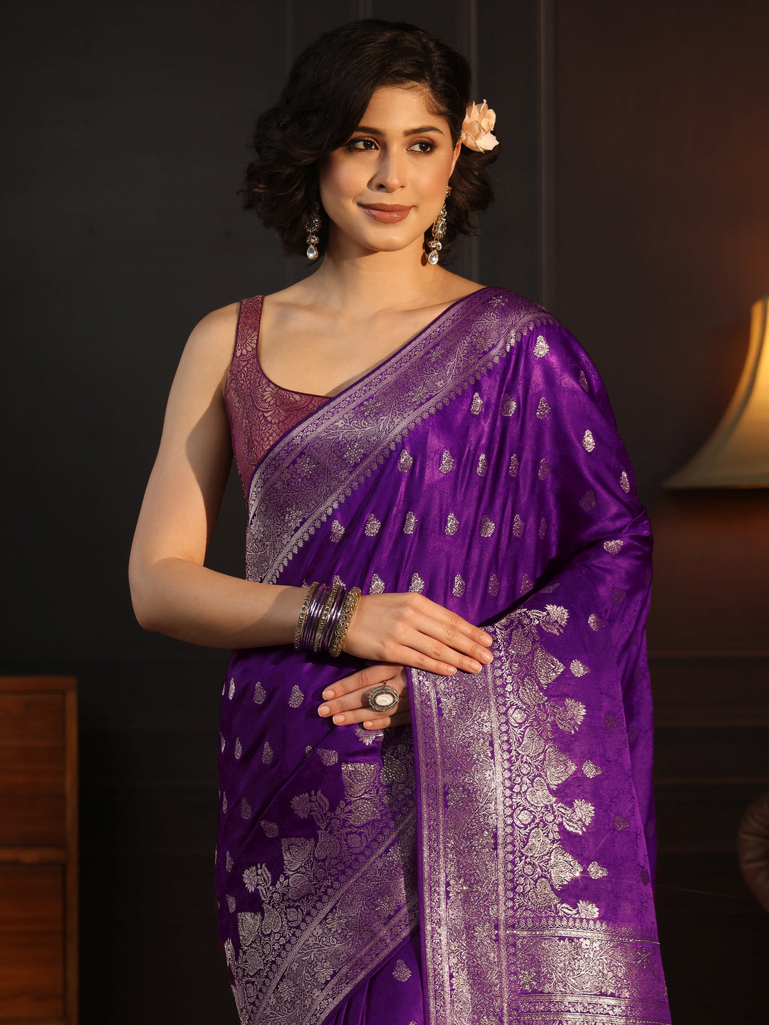 Libas Purple Woven Design Silk Blend Saree