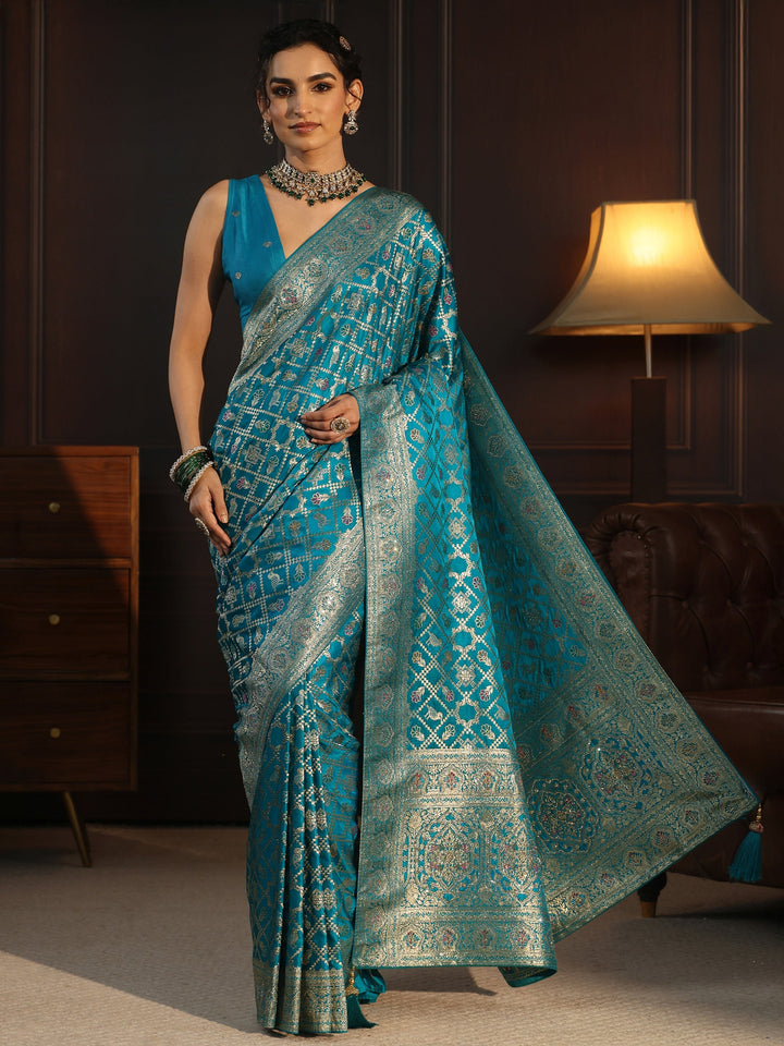 Libas Aqua Blue Patola Style Embellished Silk Blend Saree
