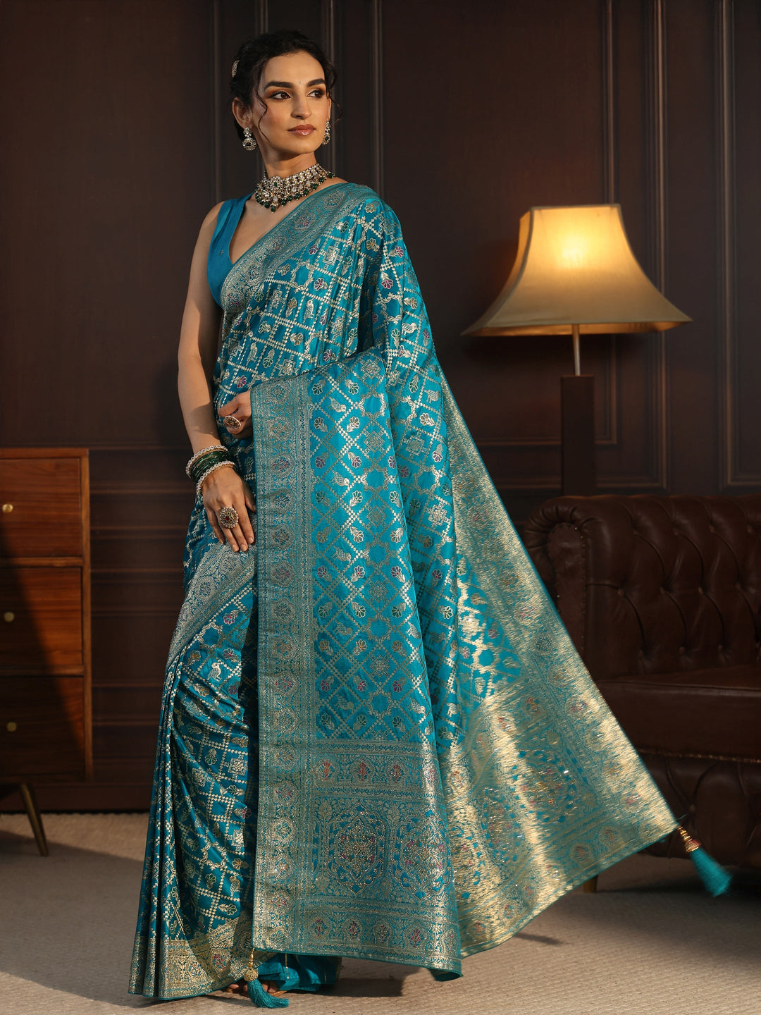 Libas Aqua Blue Patola Style Embellished Silk Blend Saree