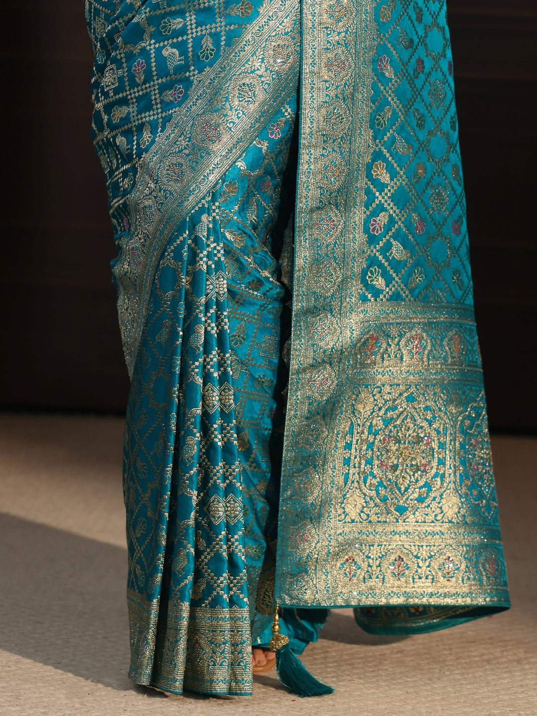 Libas Aqua Blue Patola Style Embellished Silk Blend Saree