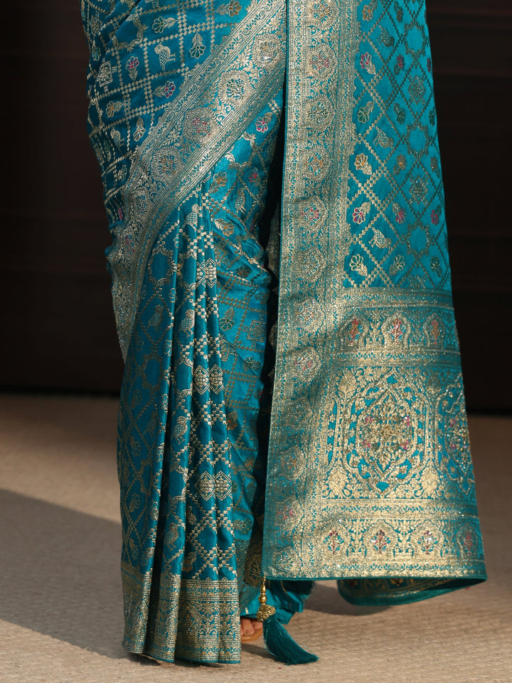 Libas Aqua Blue Patola Style Embellished Silk Blend Saree