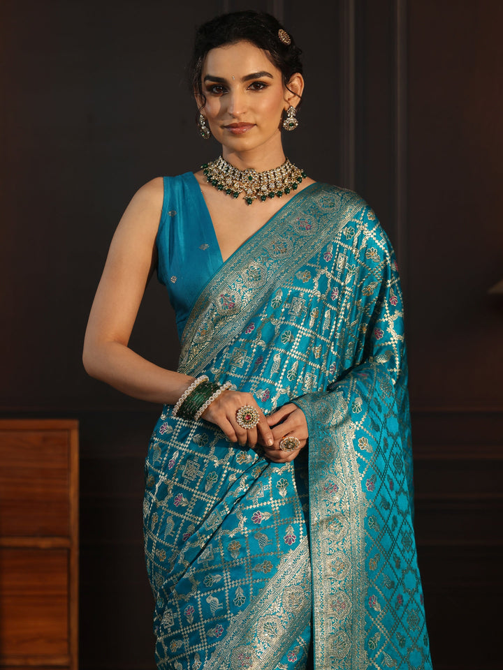 Libas Aqua Blue Patola Style Embellished Silk Blend Saree