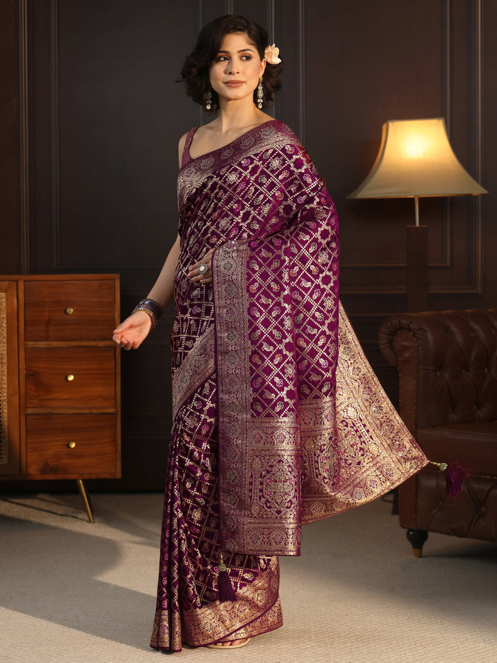 Libas Maroon Patola Style Embellished Silk Blend Saree