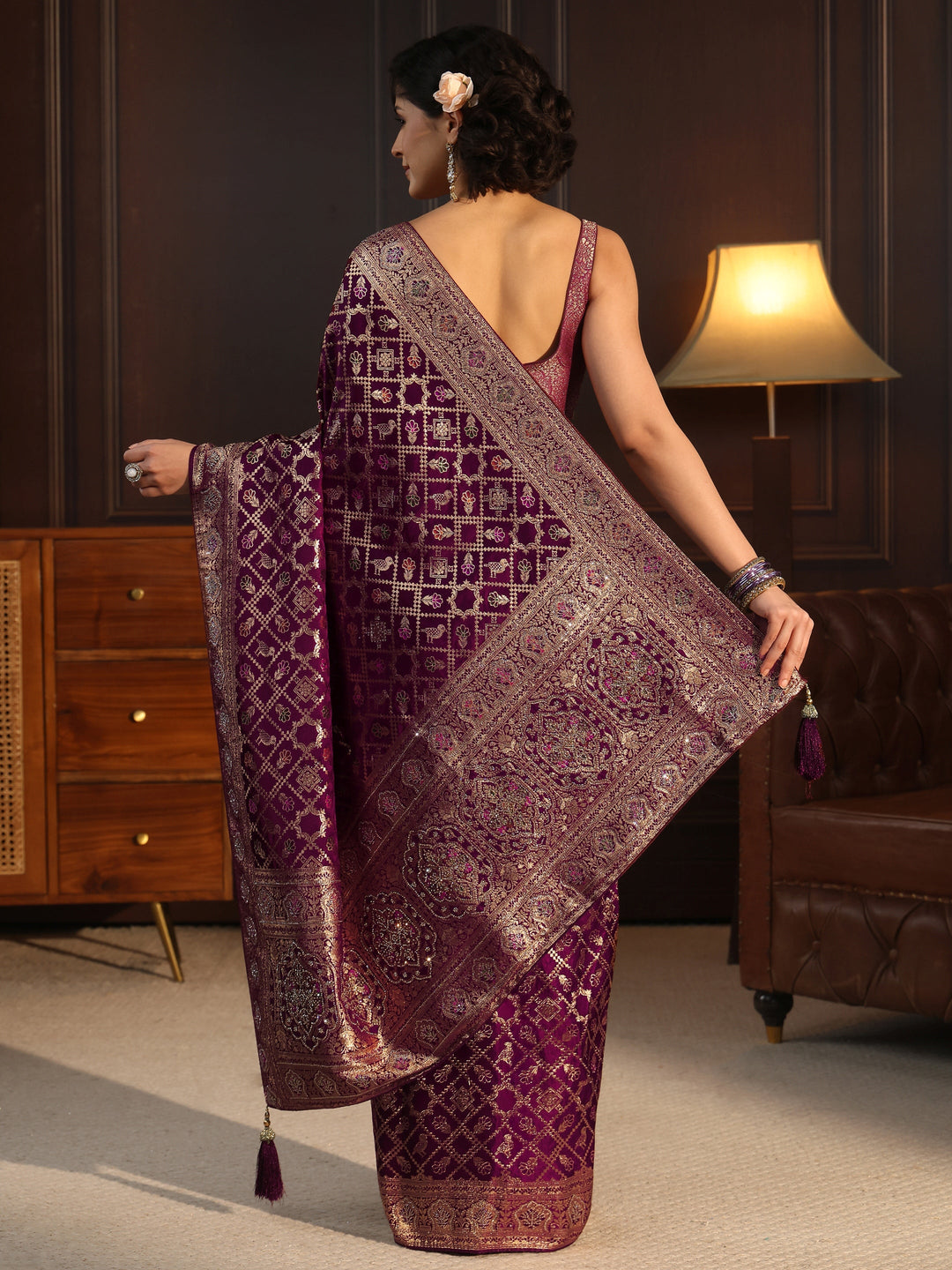Libas Maroon Patola Style Embellished Silk Blend Saree