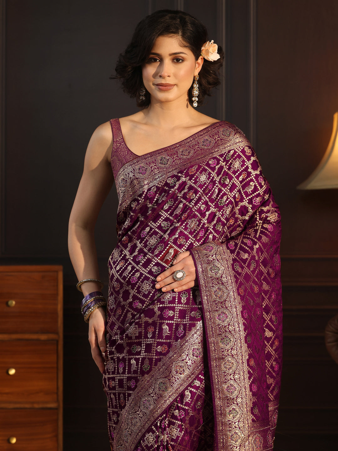 Libas Maroon Patola Style Embellished Silk Blend Saree