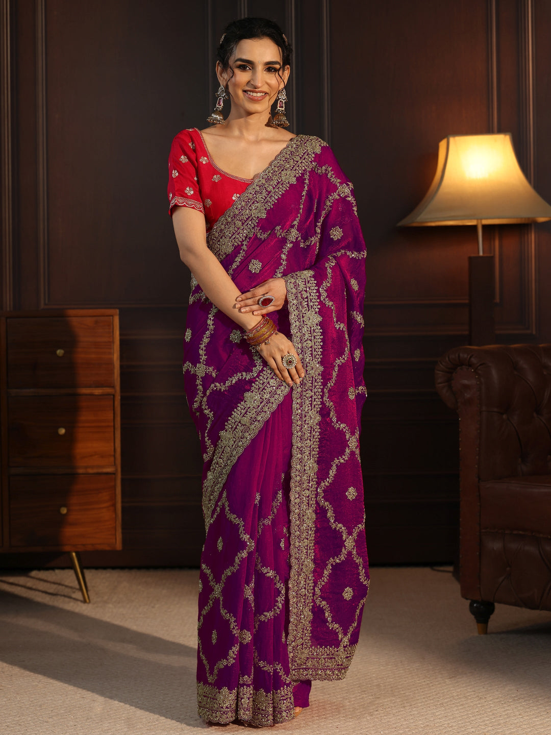 Libas Art Wine Floral Zari Embroidered Tissue Saree