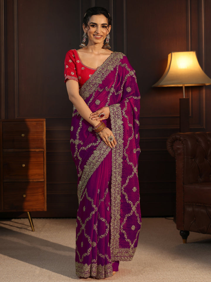Libas Art Wine Floral Zari Embroidered Tissue Saree