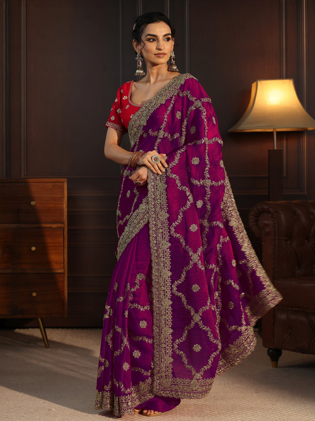 Libas Art Wine Floral Zari Embroidered Tissue Saree