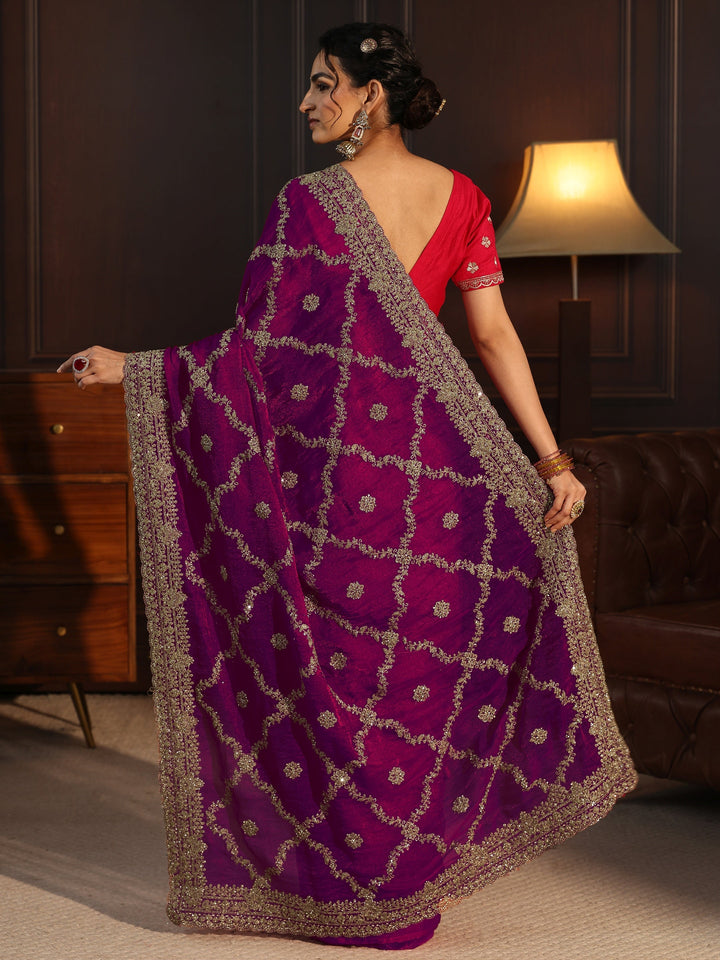 Libas Art Wine Floral Zari Embroidered Tissue Saree