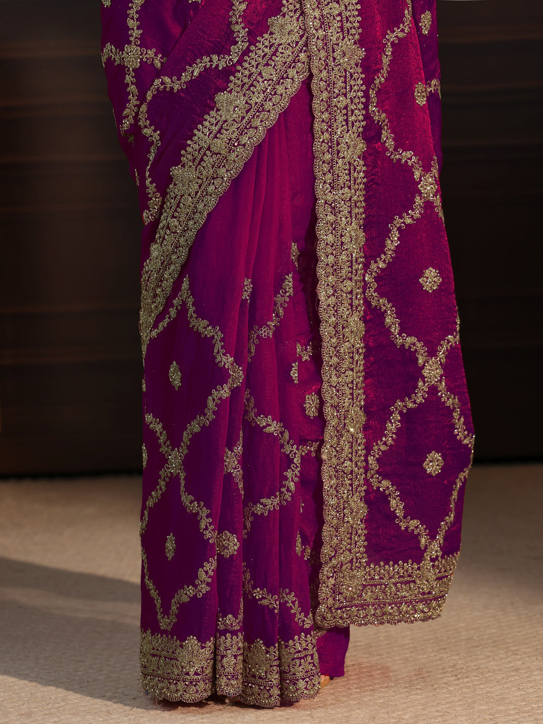 Libas Art Wine Floral Zari Embroidered Tissue Saree