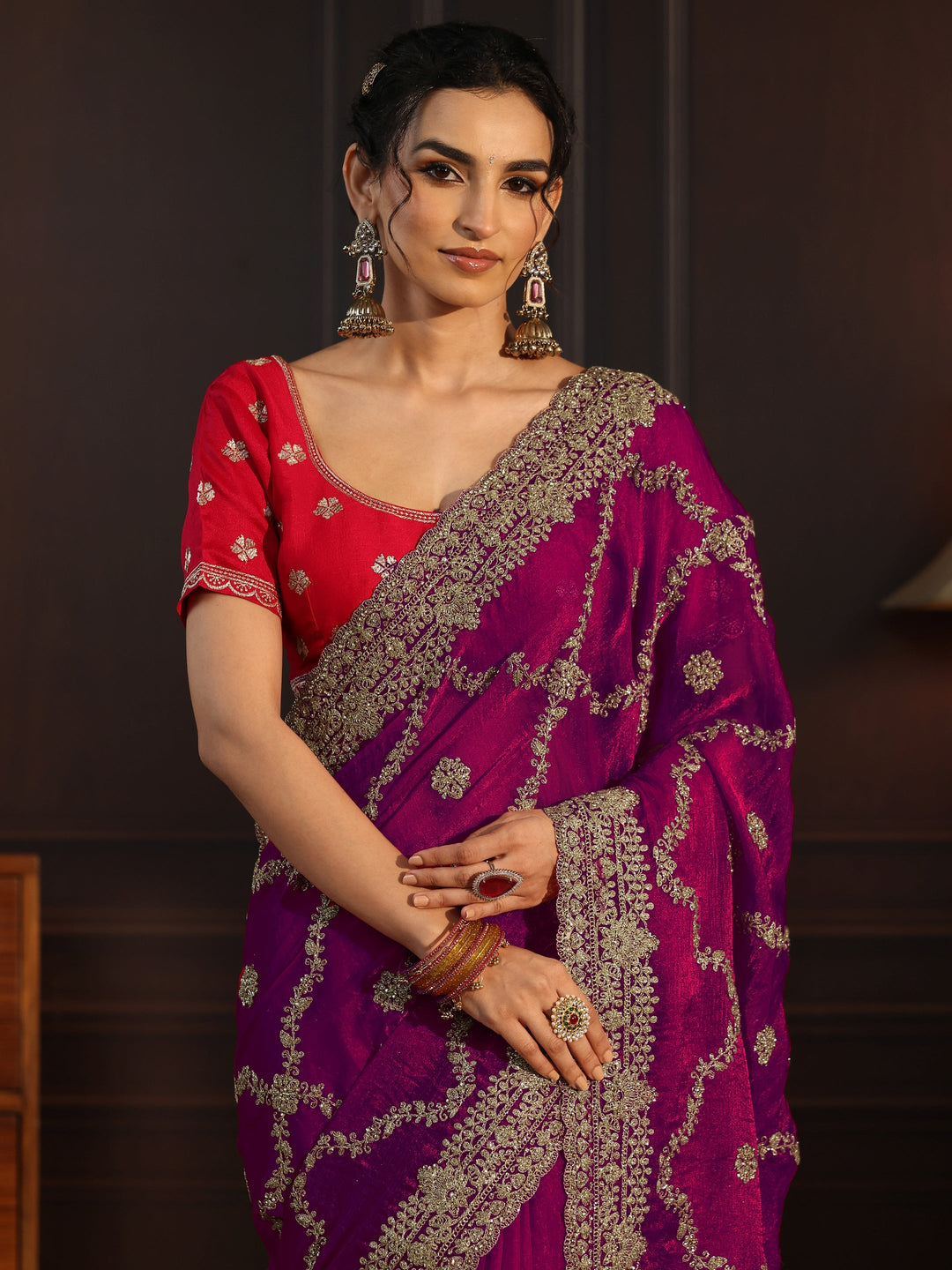 Libas Art Wine Floral Zari Embroidered Tissue Saree
