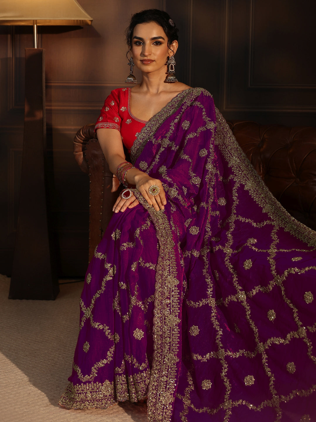 Libas Art Wine Floral Zari Embroidered Tissue Saree