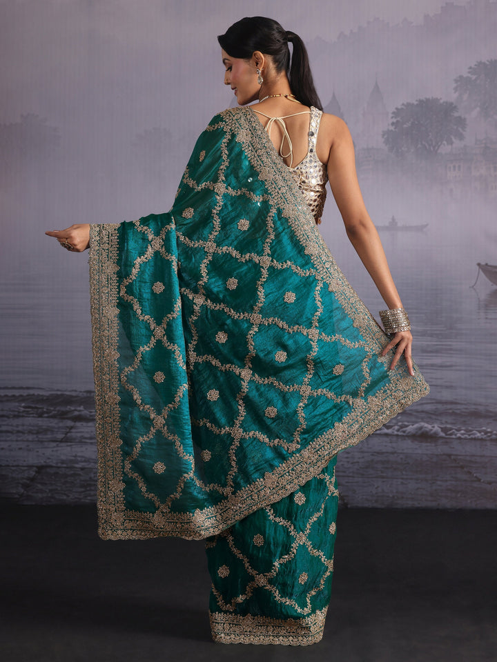 Libas Art Aqua Green Embroidered Tissue Saree