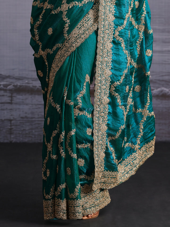 Libas Art Aqua Green Embroidered Tissue Saree