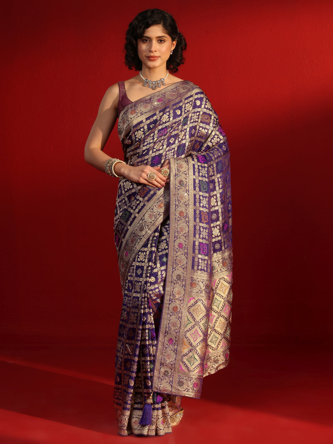 Libas Royal Purple Gharchola Stone Work Silk Blend Saree