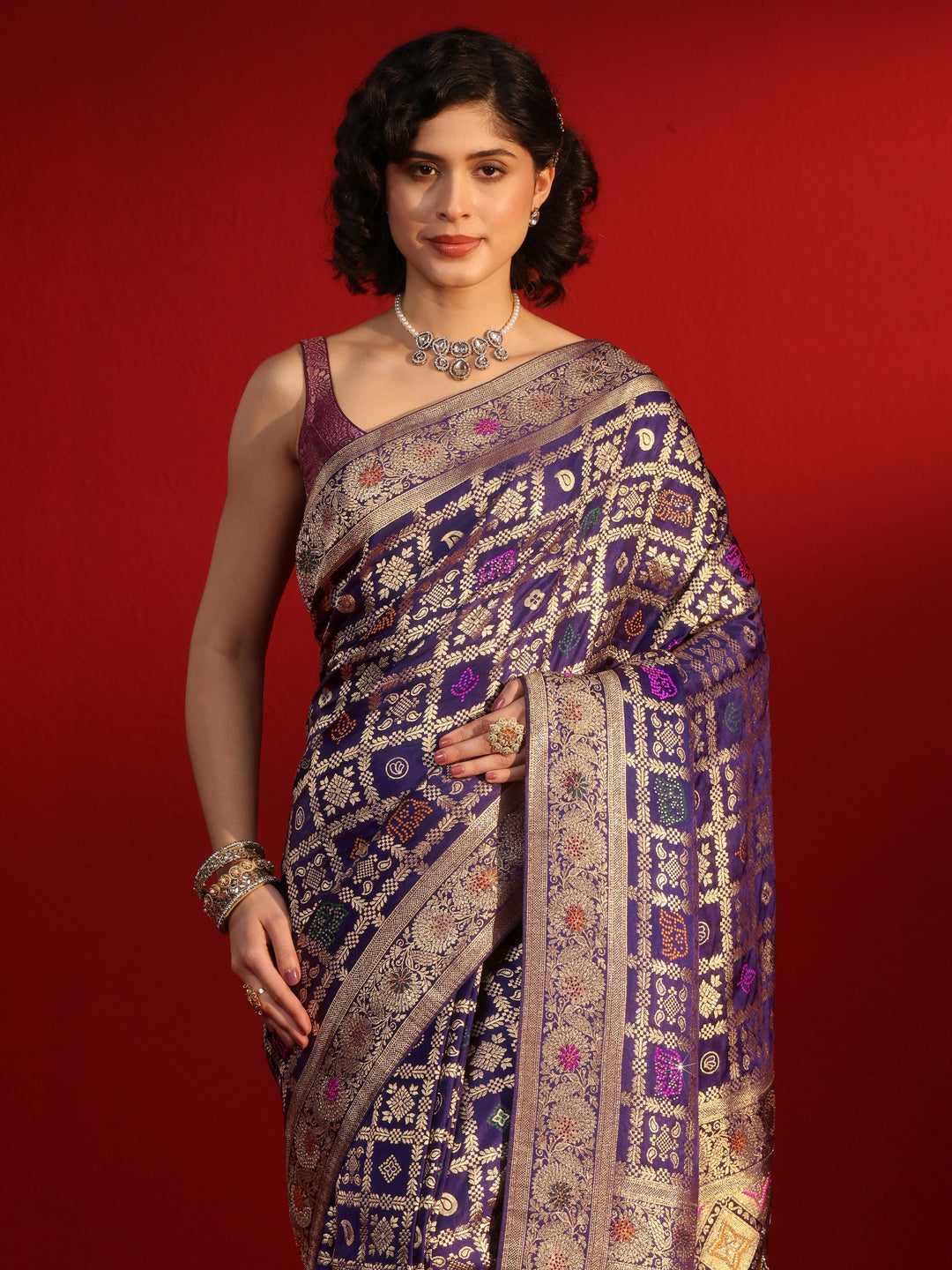 Libas Royal Purple Gharchola Stone Work Silk Blend Saree