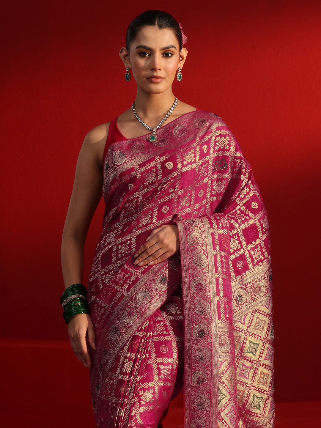 Libas Pink Gharchola Stone Work Silk Blend Saree