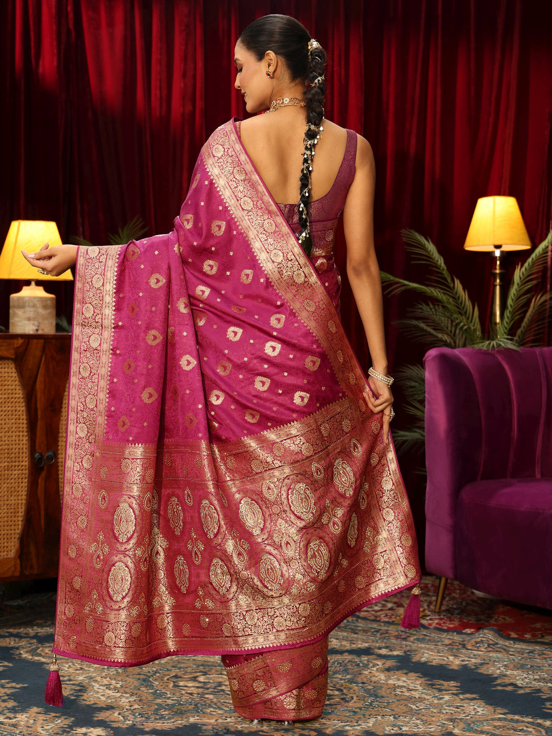 Libas Rani Pink Banarasi Silk Blend Saree with Embellished Pallu