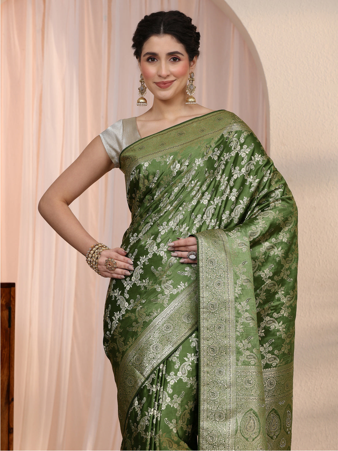 Libas Leaf Green Banarasi Silk Blend Saree