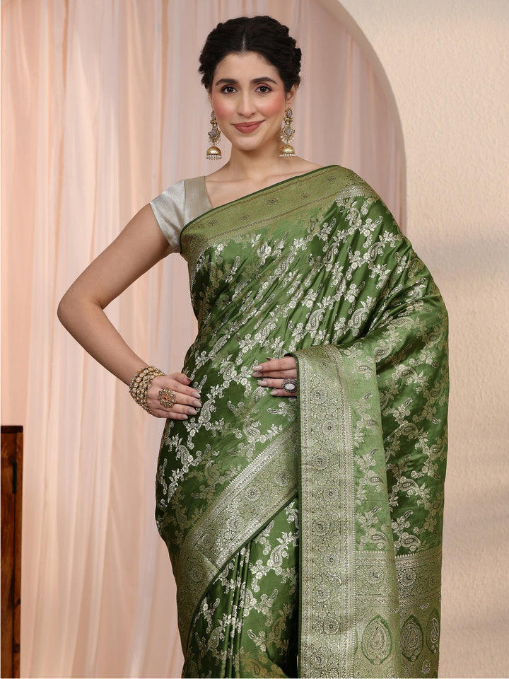 Libas Leaf Green Banarasi Silk Blend Saree