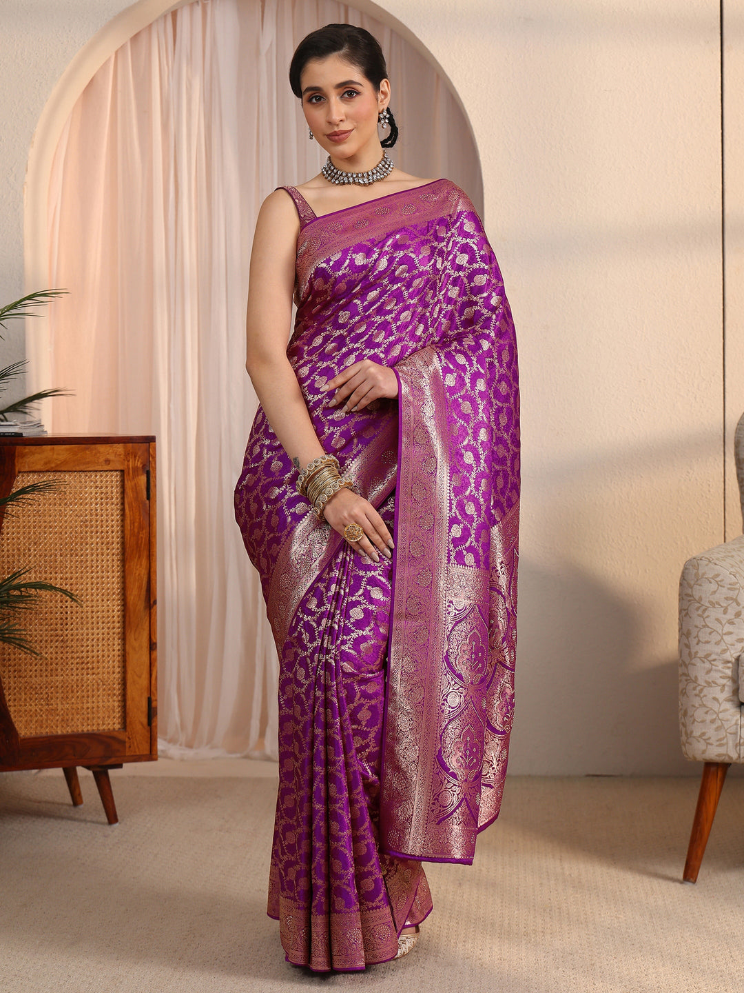 Libas Purple Floral Woven Design Silk Blend Saree