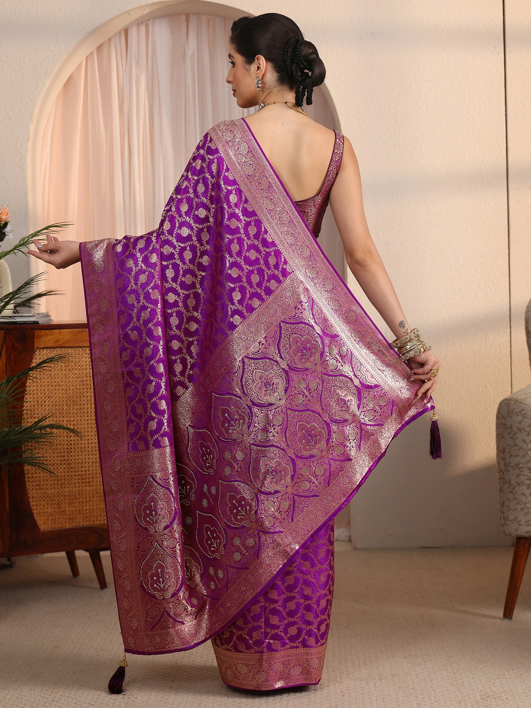 Libas Purple Floral Woven Design Silk Blend Saree
