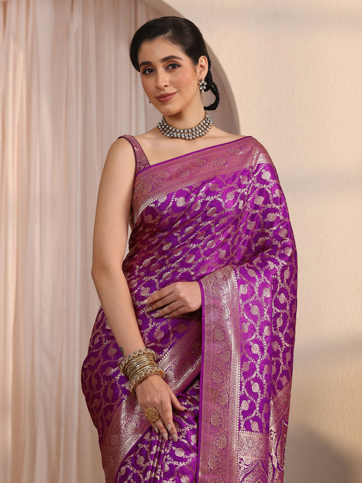 Libas Purple Floral Woven Design Silk Blend Saree