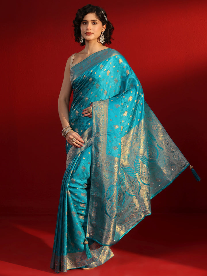 Libas Royal Blue Woven Design Silk Blend Saree