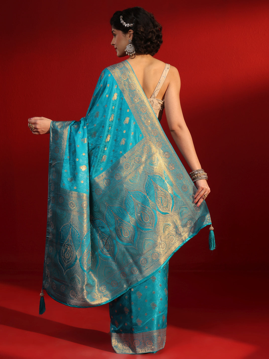Libas Royal Blue Woven Design Silk Blend Saree