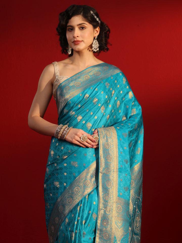 Libas Royal Blue Woven Design Silk Blend Saree