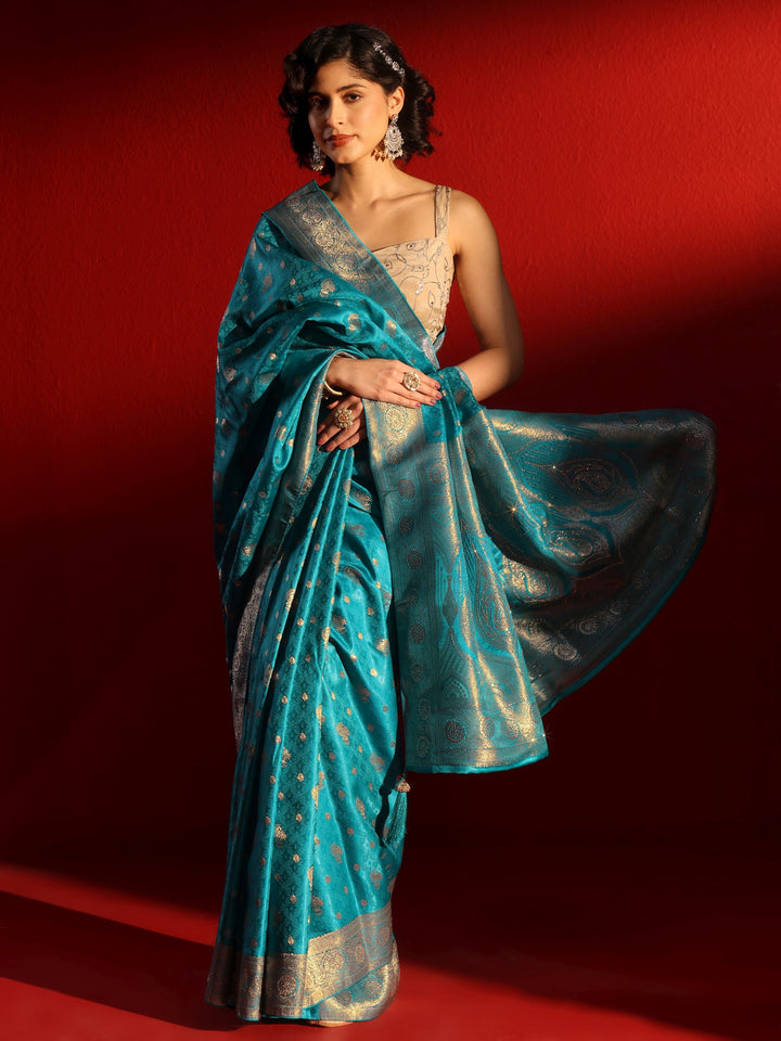 Libas Royal Blue Woven Design Silk Blend Saree