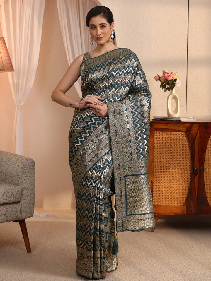 Libas Teal Blue Chevron Woven Design Silk Blend Saree