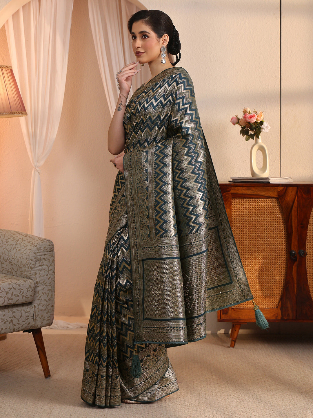 Libas Teal Blue Chevron Woven Design Silk Blend Saree
