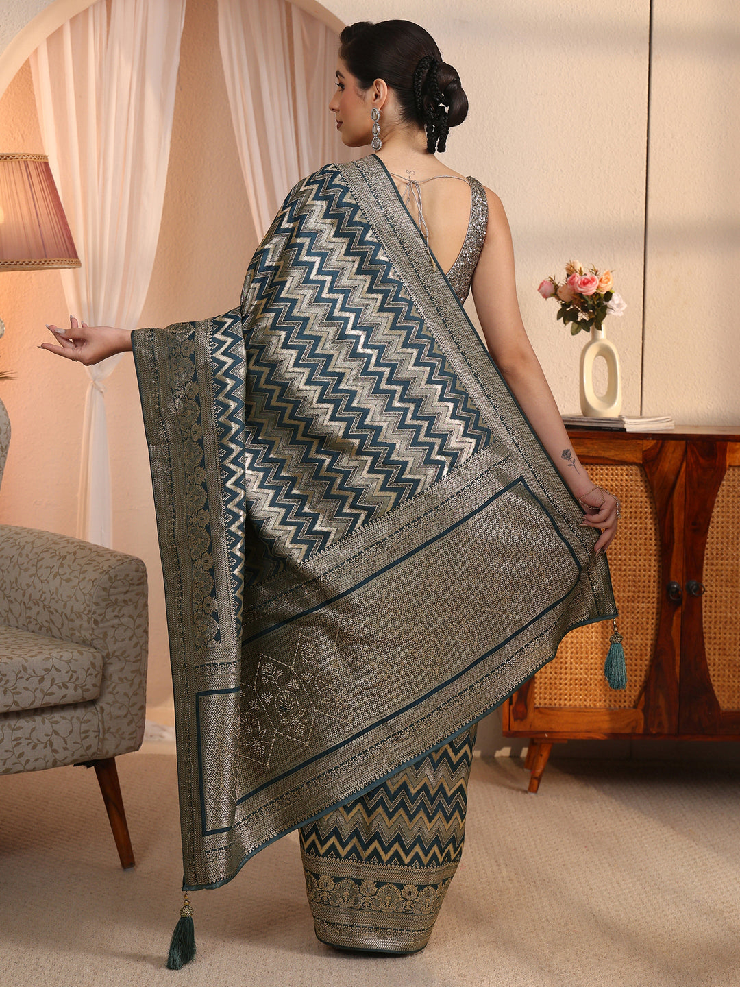 Libas Teal Blue Chevron Woven Design Silk Blend Saree