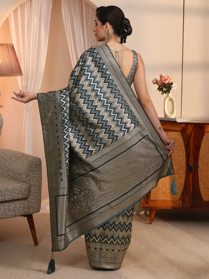 Libas Teal Blue Chevron Woven Design Silk Blend Saree