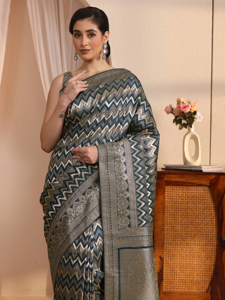 Libas Teal Blue Chevron Woven Design Silk Blend Saree