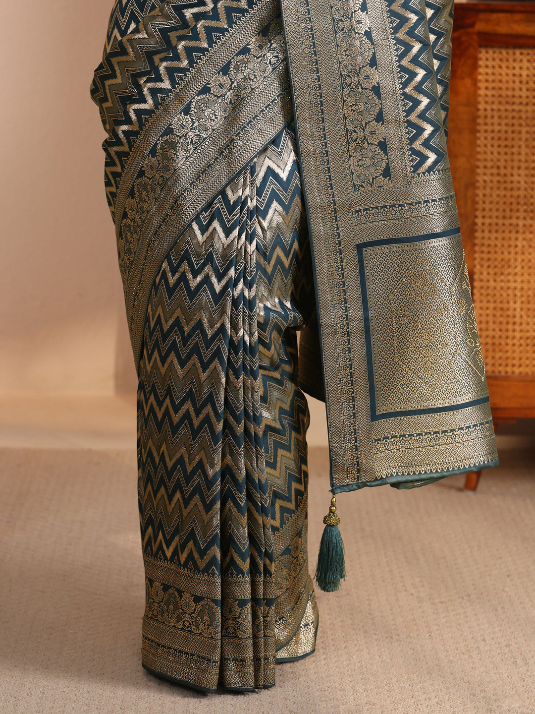 Libas Teal Blue Chevron Woven Design Silk Blend Saree