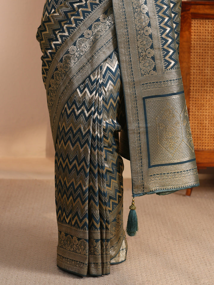Libas Teal Blue Chevron Woven Design Silk Blend Saree