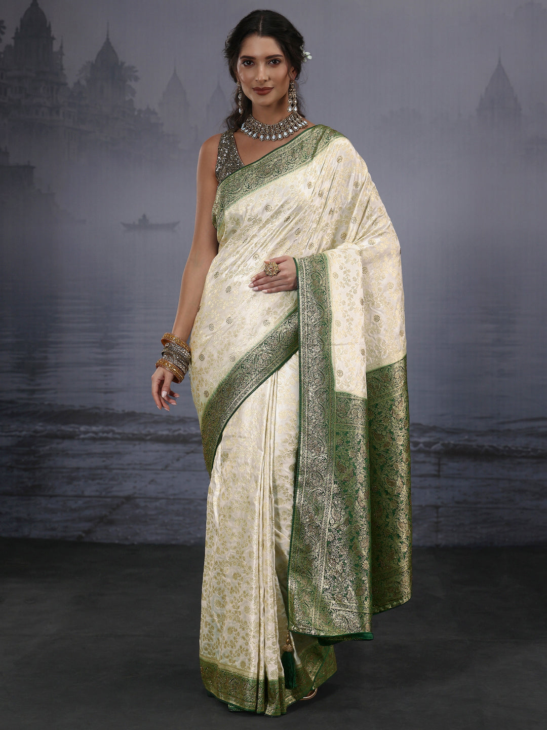 Libas Cream and Green Floral Woven Design Silk Blend Saree