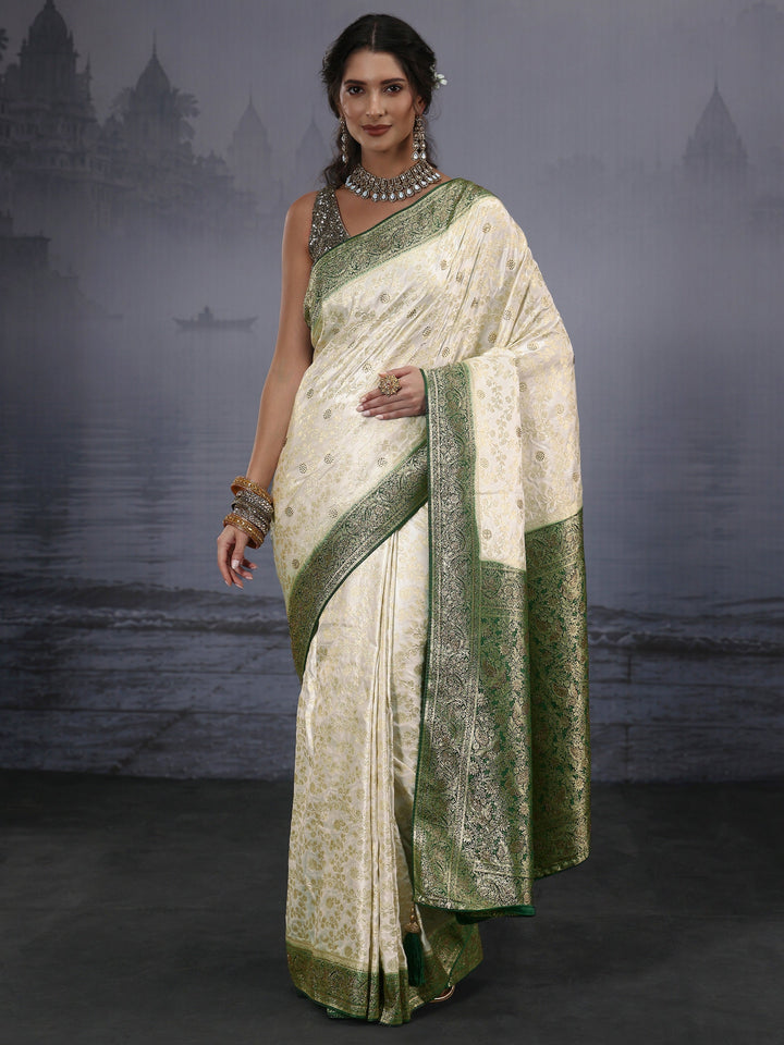 Libas Cream and Green Floral Woven Design Silk Blend Saree