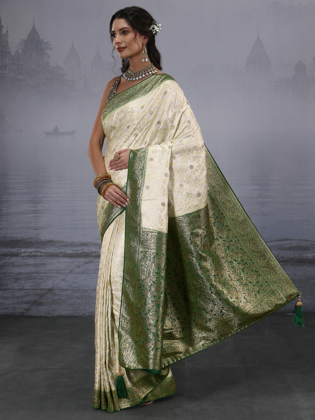 Libas Cream and Green Floral Woven Design Silk Blend Saree