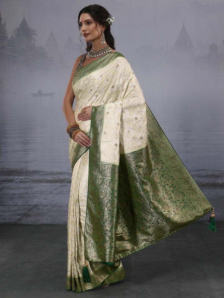 Libas Cream and Green Floral Woven Design Silk Blend Saree