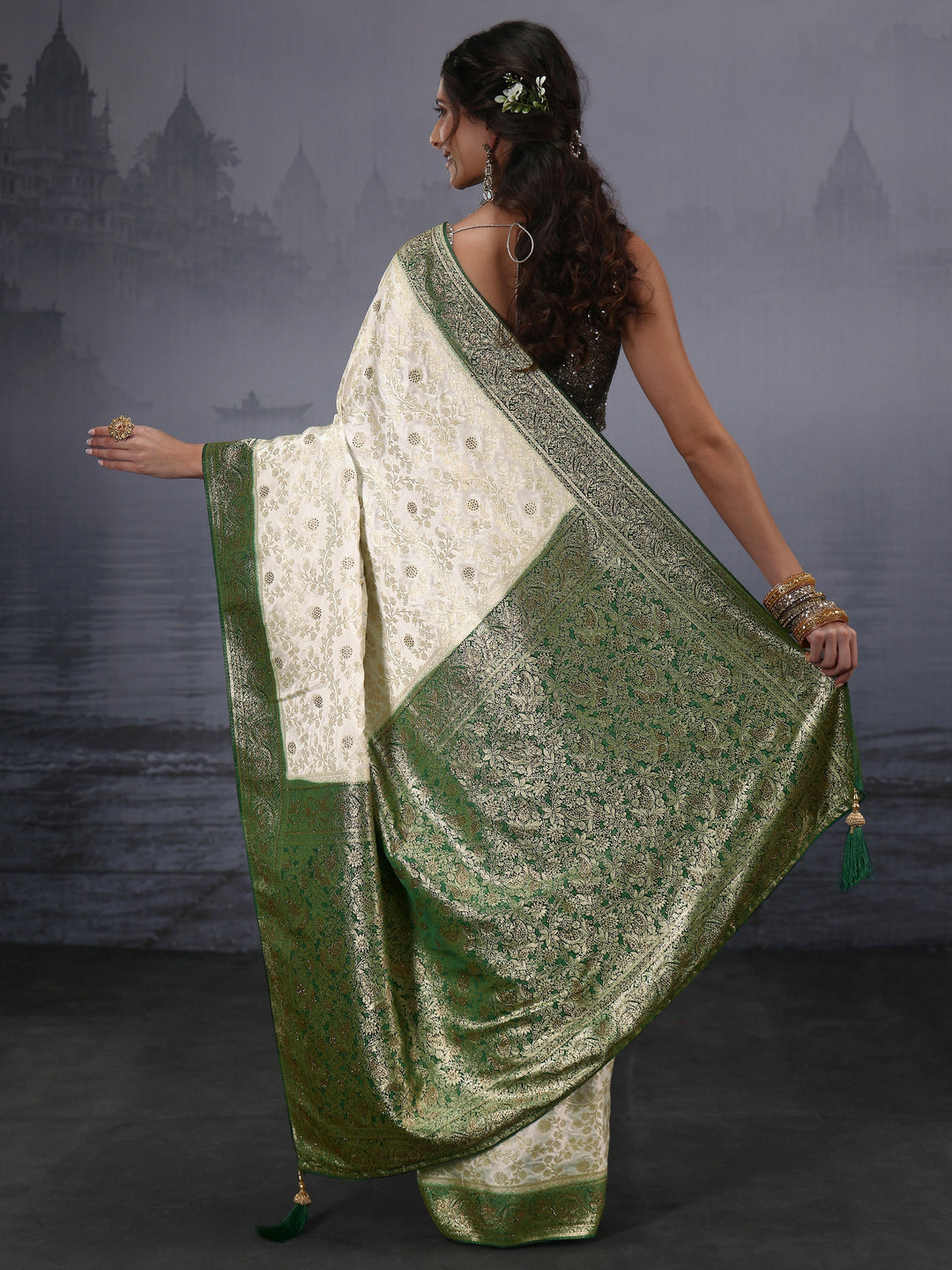 Libas Cream and Green Floral Woven Design Silk Blend Saree