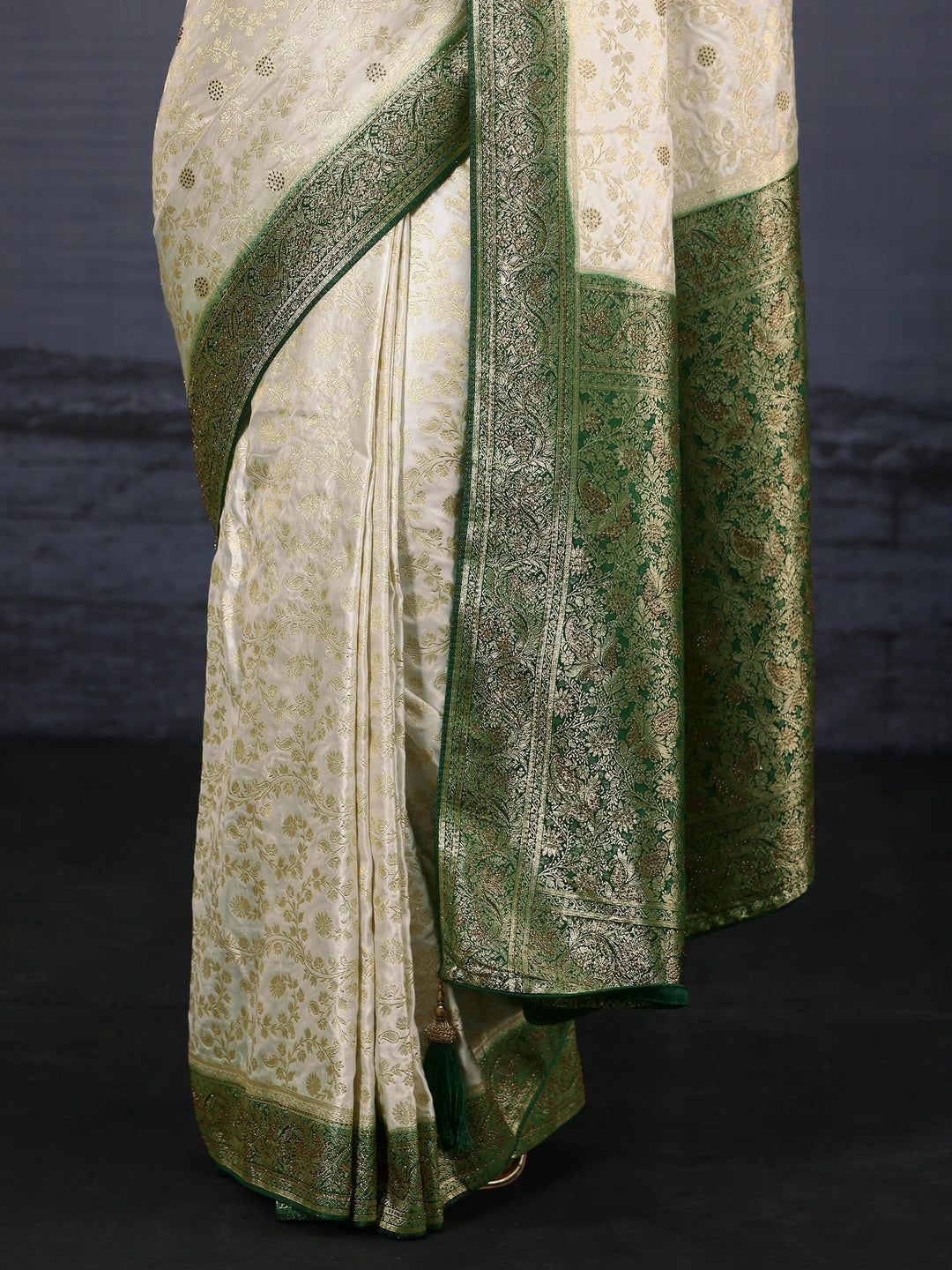 Libas Cream and Green Floral Woven Design Silk Blend Saree